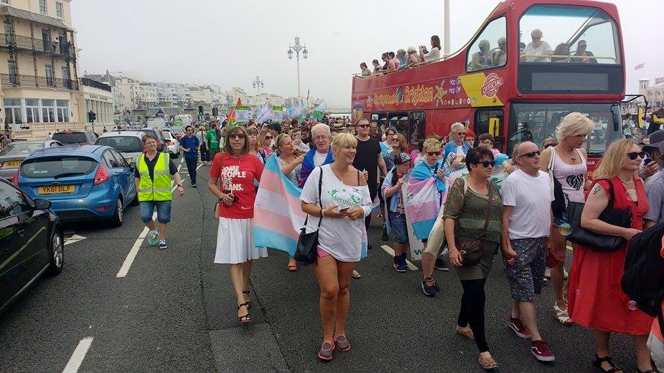 The Trans Pride march, people are holding trans flags, in the centre one person wears a 'some people are trans, get over it' shirt, next to someone wearing a shirt for mermaids UK. Spectators watch from the top desk of a bus parked along the seafront.